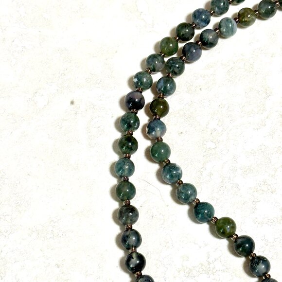 Genuine Gemstone Green Moss Agate Silver Cat on the Moon Beaded Short Necklace - Picture 7 of 13